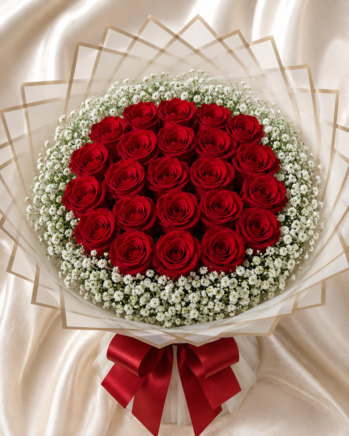 24 red roses with baby breath boarder